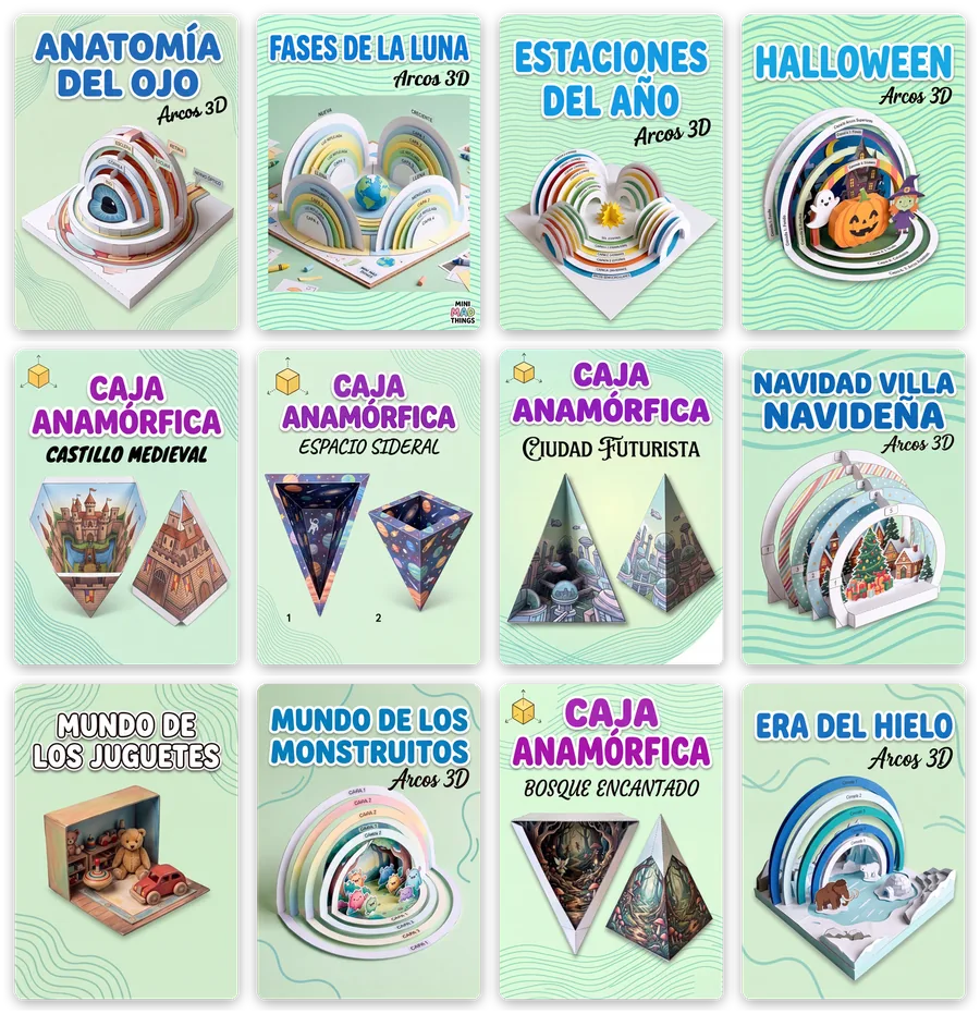Portadas de algunos moldes del kit: Anatomía del Ojo, Fases de la Luna, Estaciones del Año, Halloween, Castillo Medieval, Espacio Sideral y más